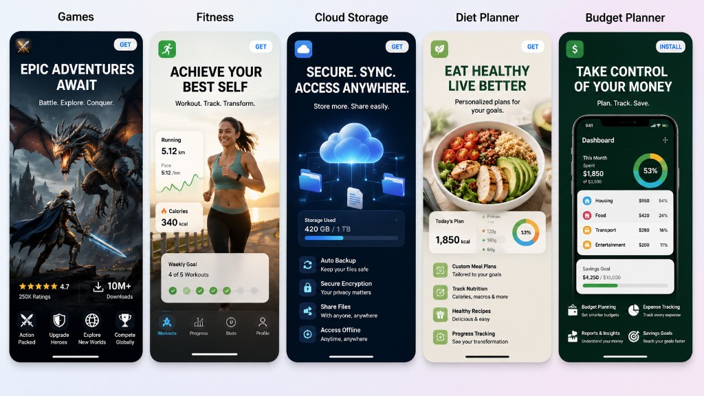 App catalogue previews: Games, Fitness, Cloud Storage, Diet Planner, and Budget Planner